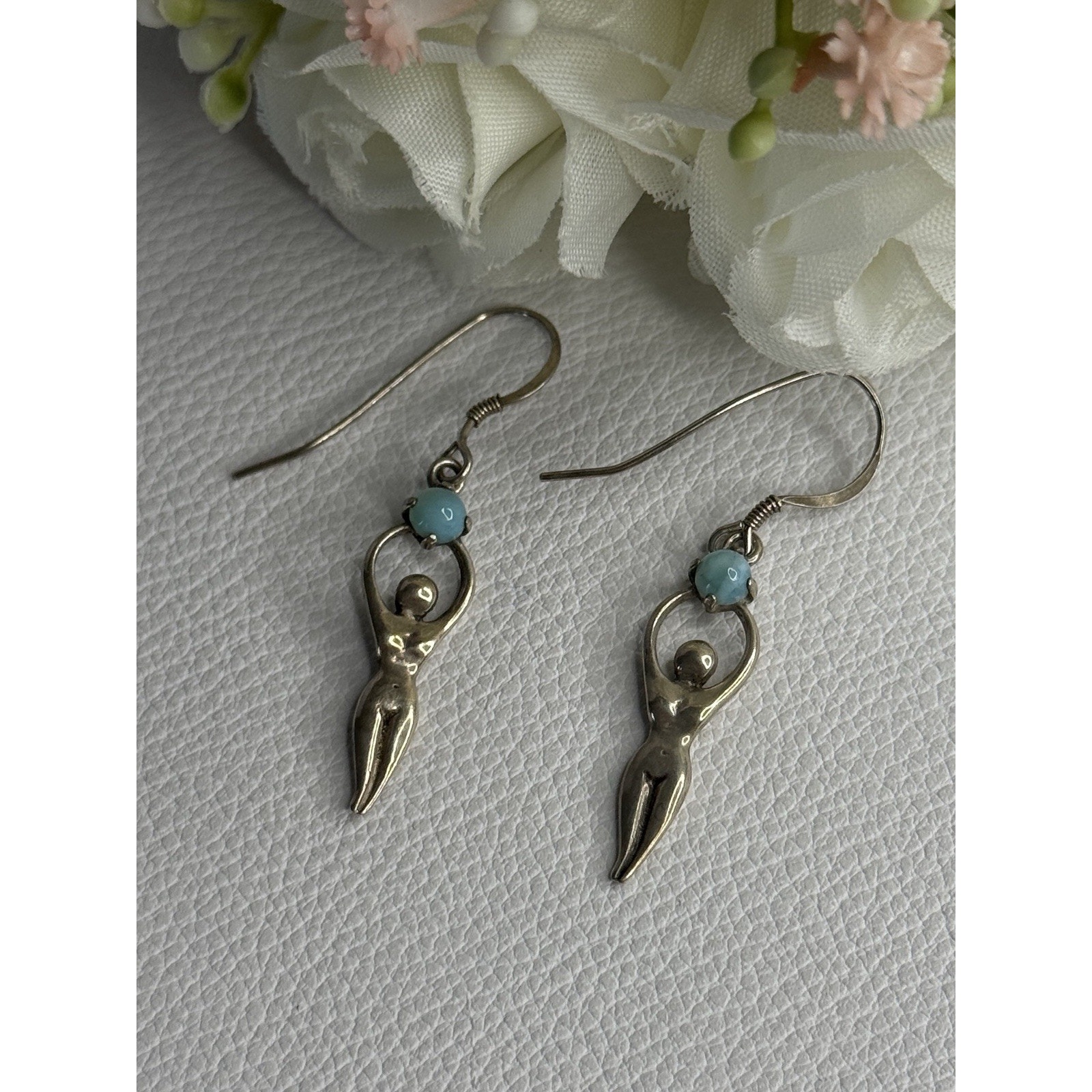 Dancing Girl 925 Sterling Silver Larimar Earrings Length 1.60 Inch